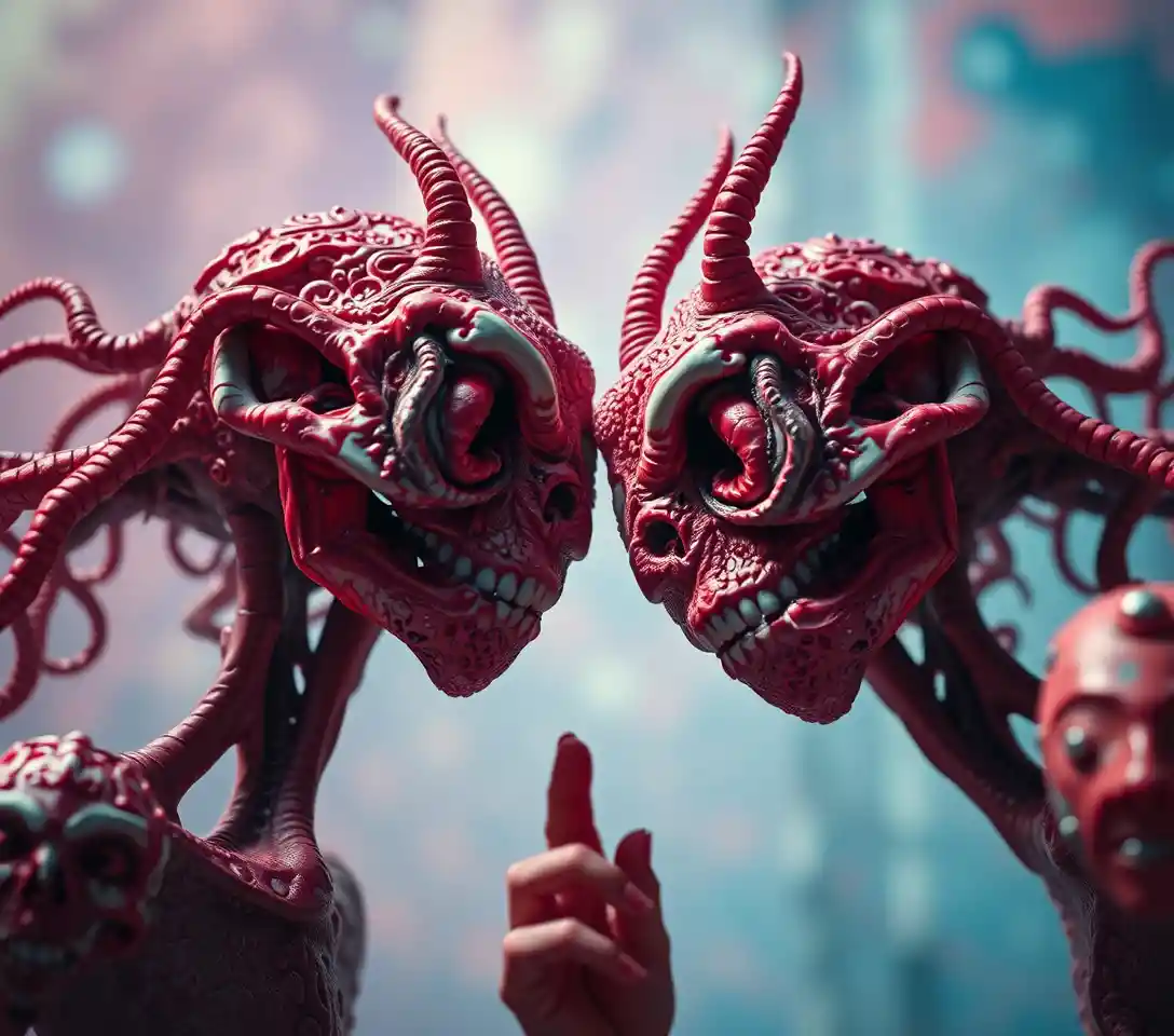 Surreal popsurrealism close up of mystical creatures in horror