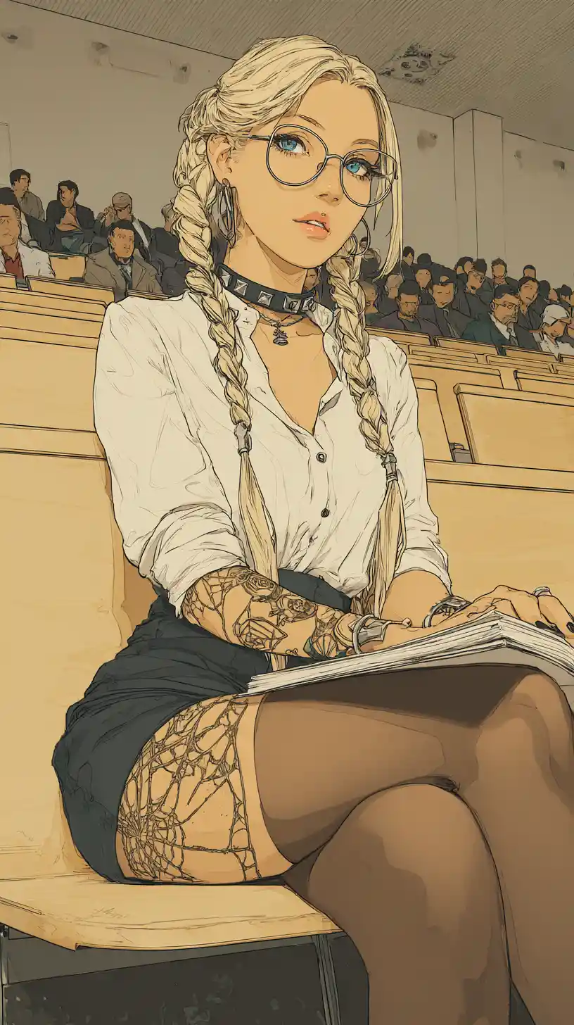 Blonde student with tattoos reading in bright lecture hall