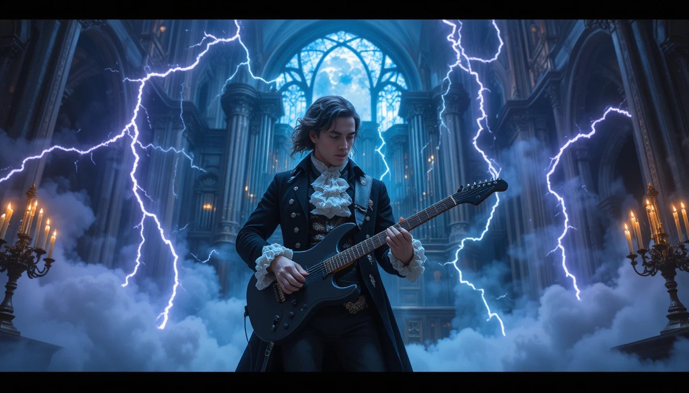 Baroque styled guitarist playing electric guitar in storm