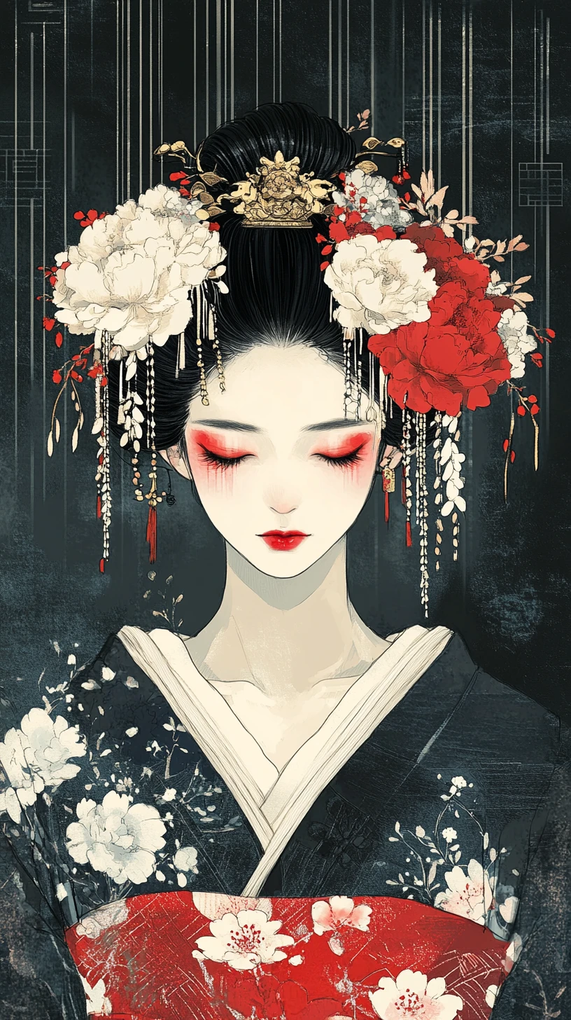 Mujer japonesa con kimono floral y elaborados adornos para el cabello