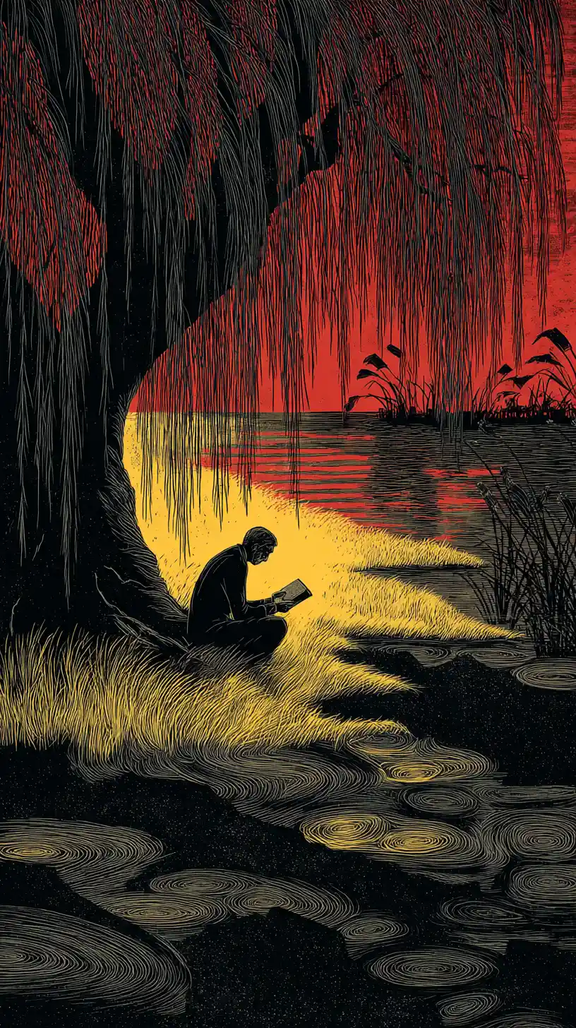 Figure Reading Beneath A Weeping Willow At Sunset
