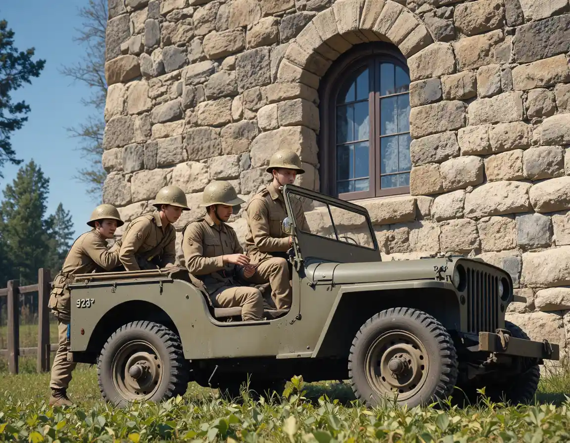 World War II soldiers helping women beside a stone wall