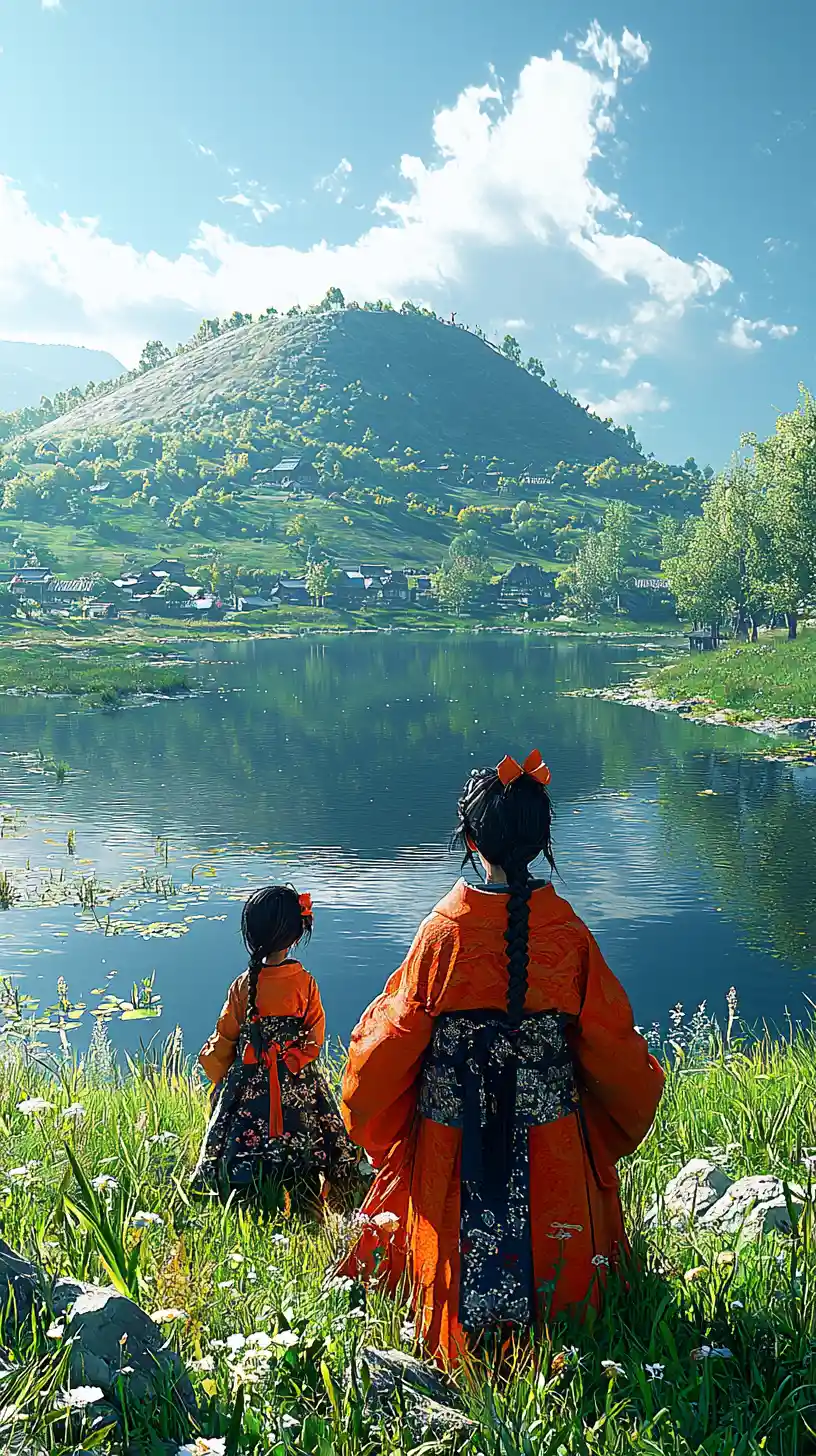 Young boy and girl standing below a towering hill