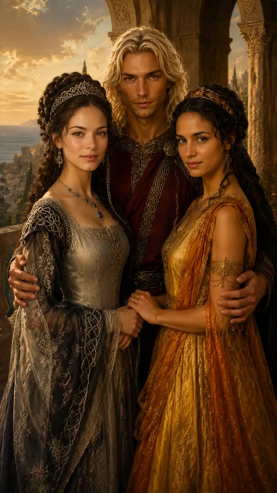 Royal trio on a balcony at sunset above coastal city