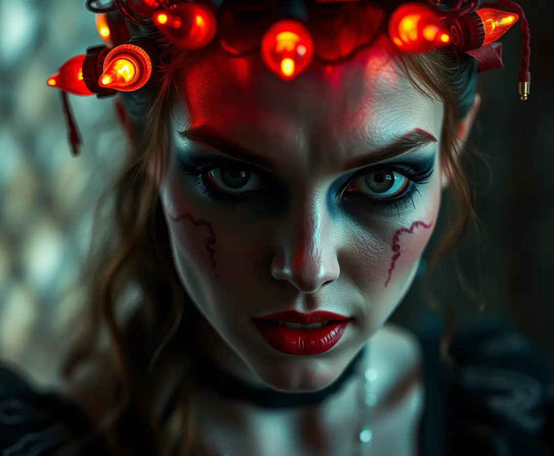 Donna fantasy surreale con espressione di horror comico oscuro
