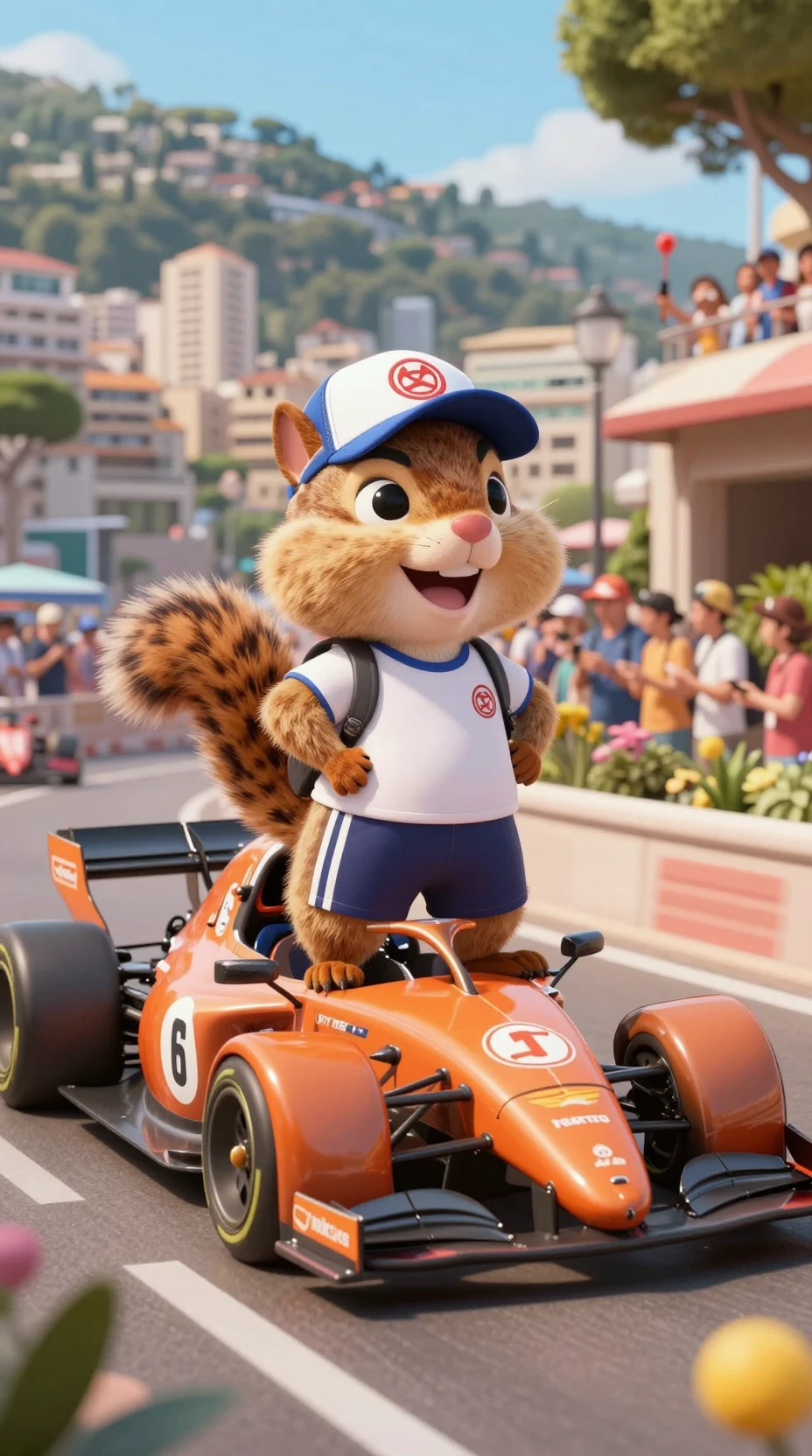Happy chipmunk in sportswear at a Monaco car race