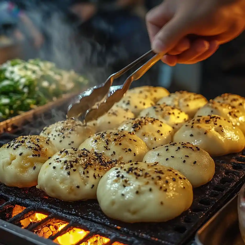Taiwan night market pepper bun stall with glowing charcoal
