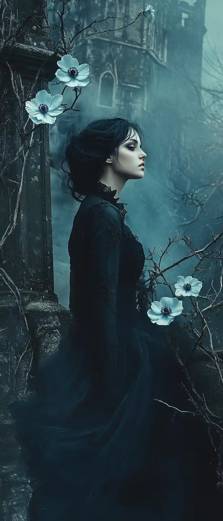 Mystery woman in blue gown on ancient stone stairs