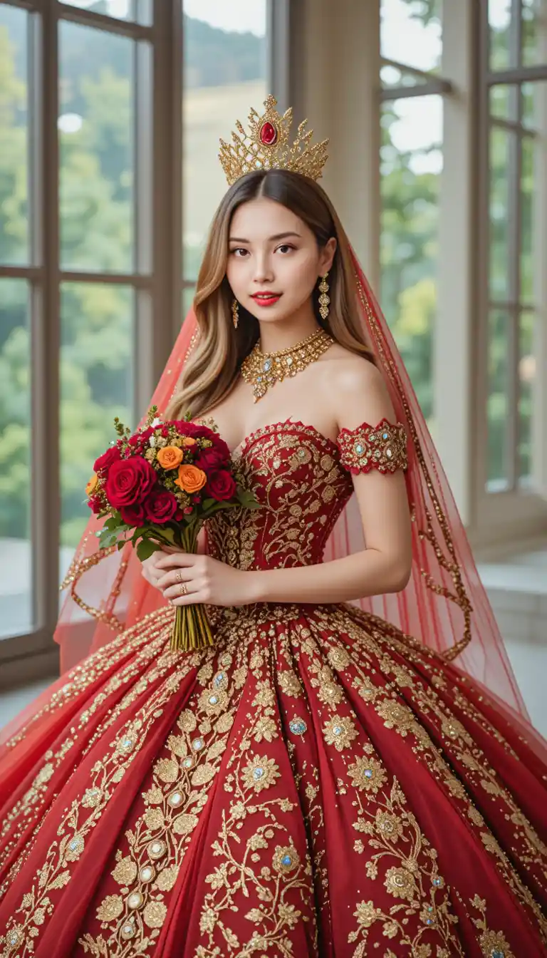Joyful k pop icon in red jeweled ball gown