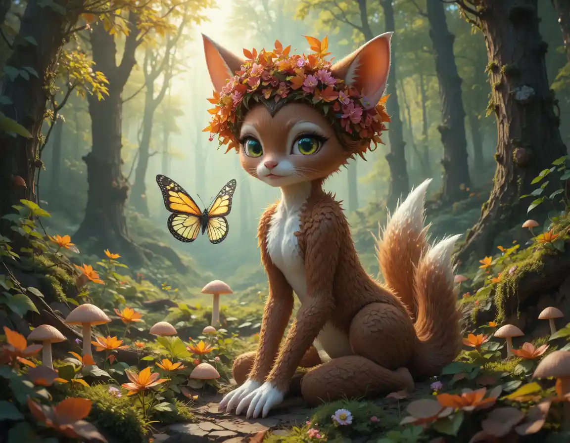 Anthropomorphic Deer Girl Holding Butterfly In Enchanted Forest