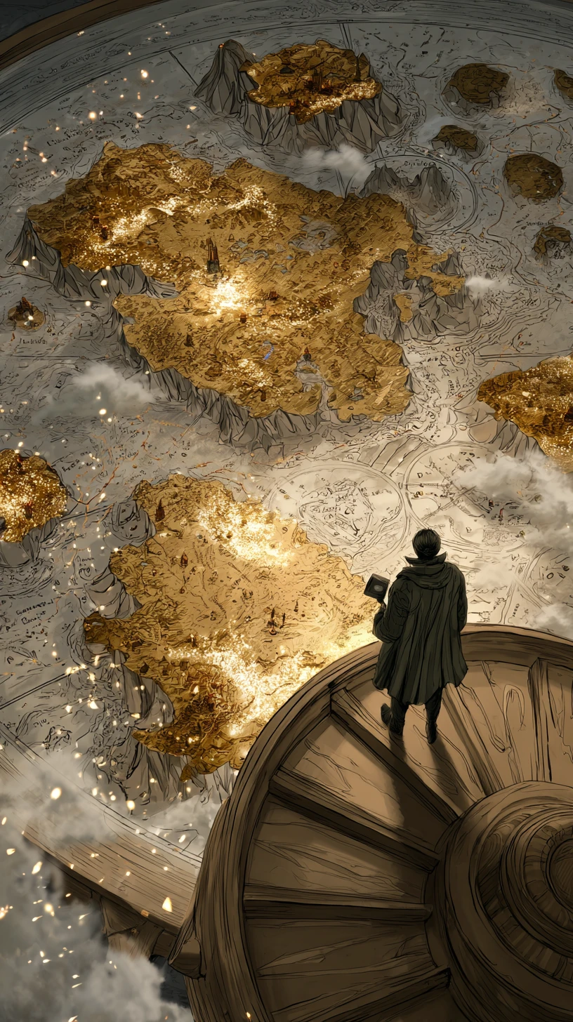 Visionary mapmaker in an ancient observatory with celestial chart