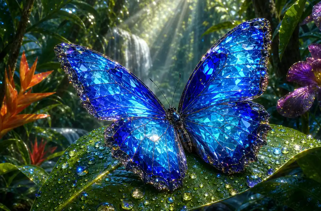 Blue morpho butterfly on dewy leaf in rainforest clearing
