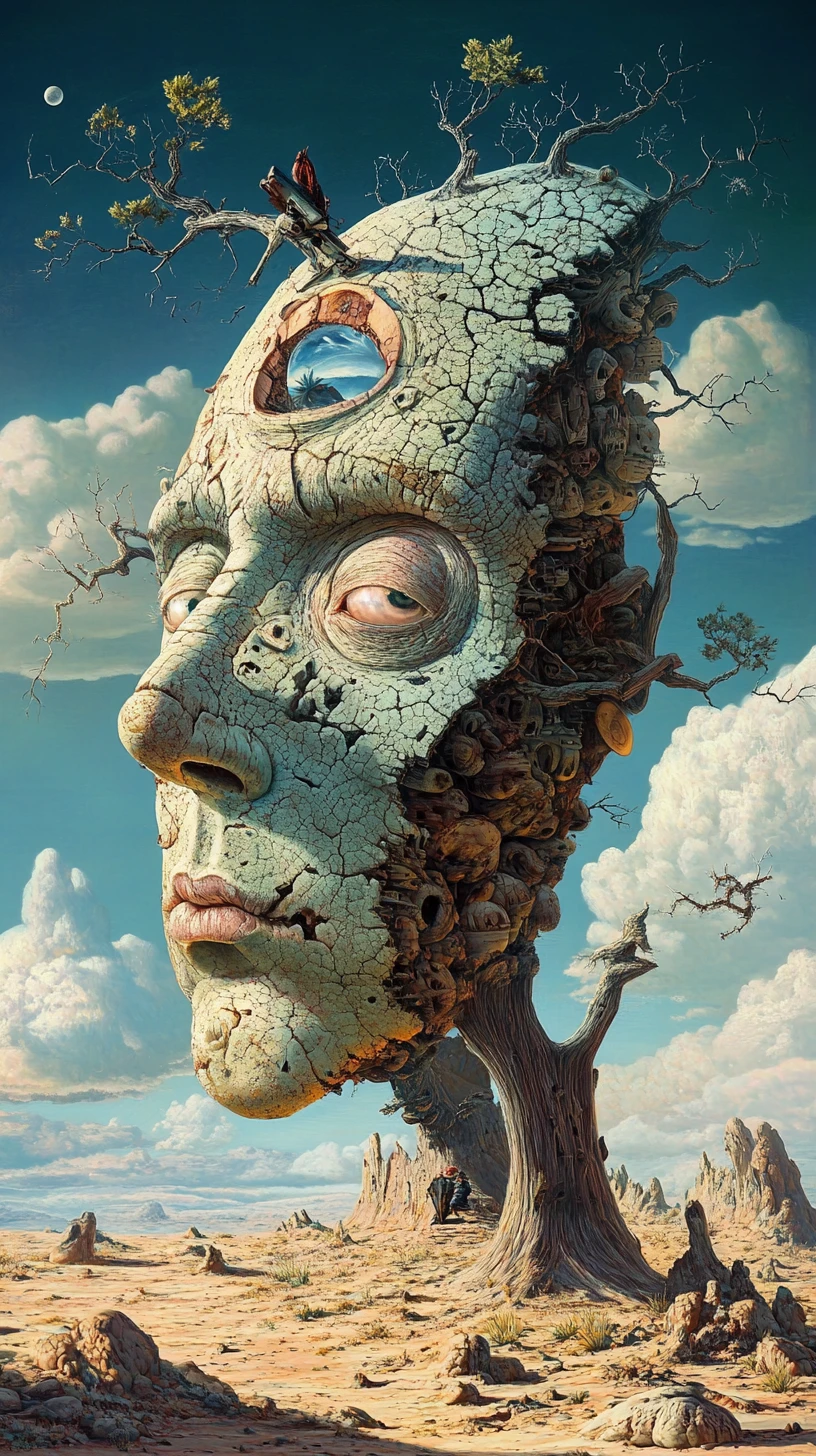 Faceless man standing alone in a desolate desert oasis