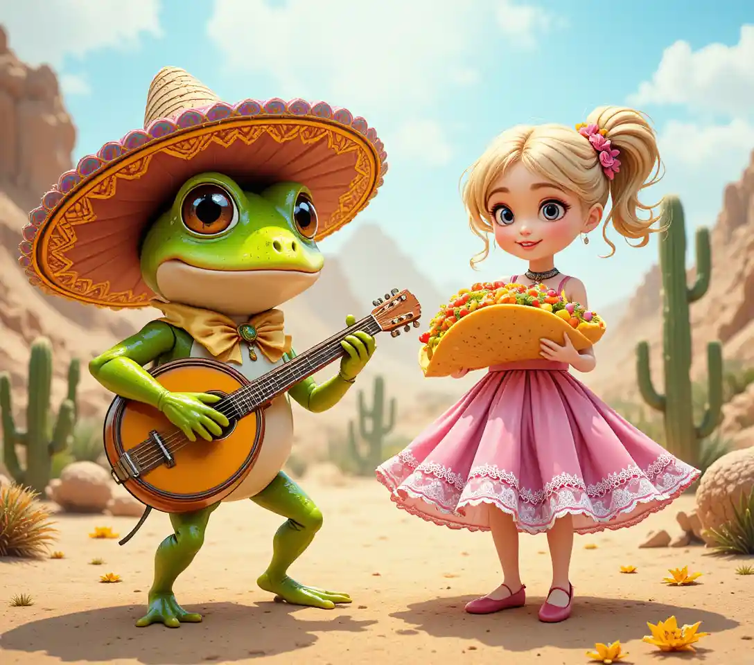 Anime girl dancing with a banjo playing frog
