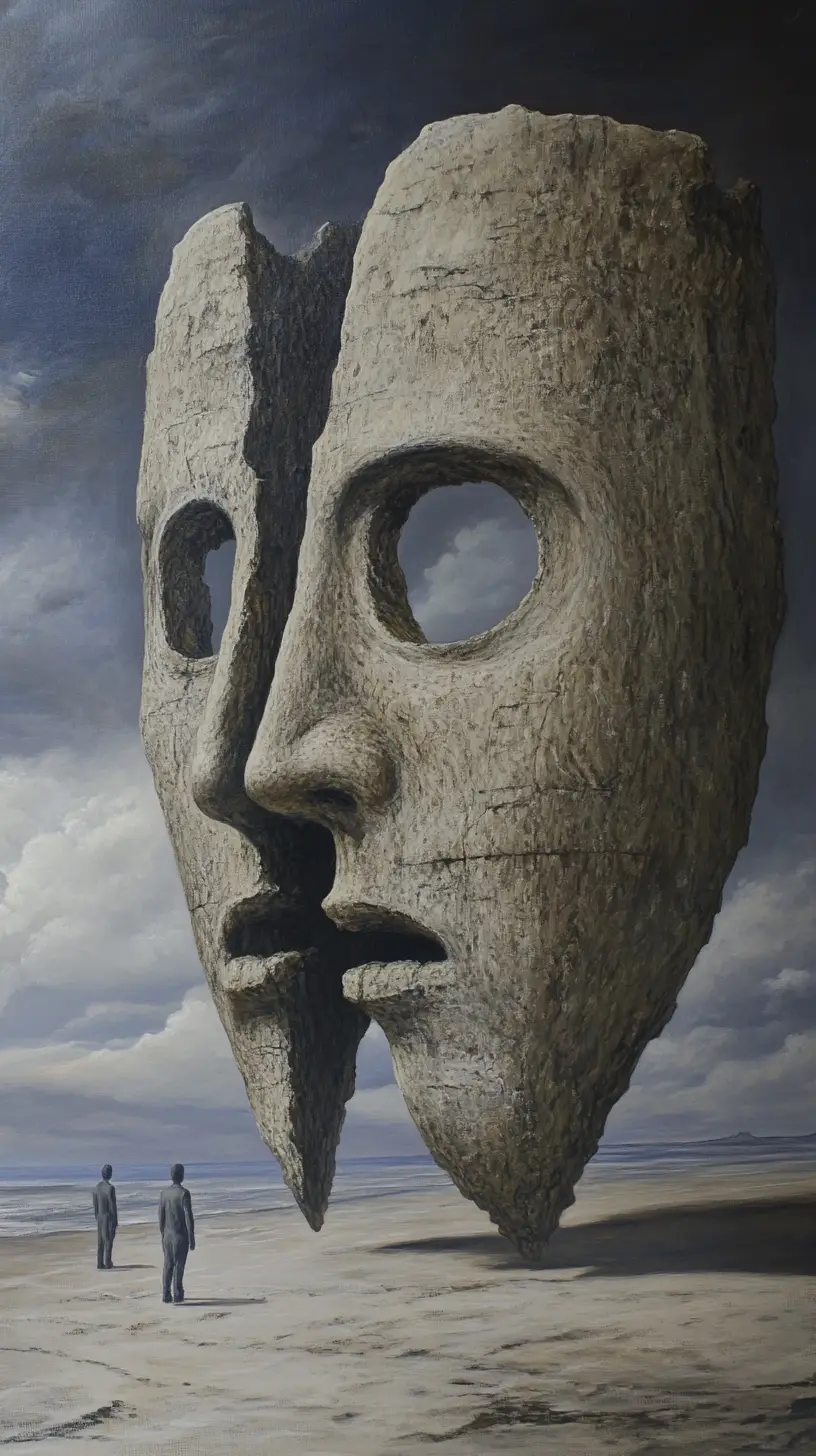 Faceless person standing alone in a desolate oasis