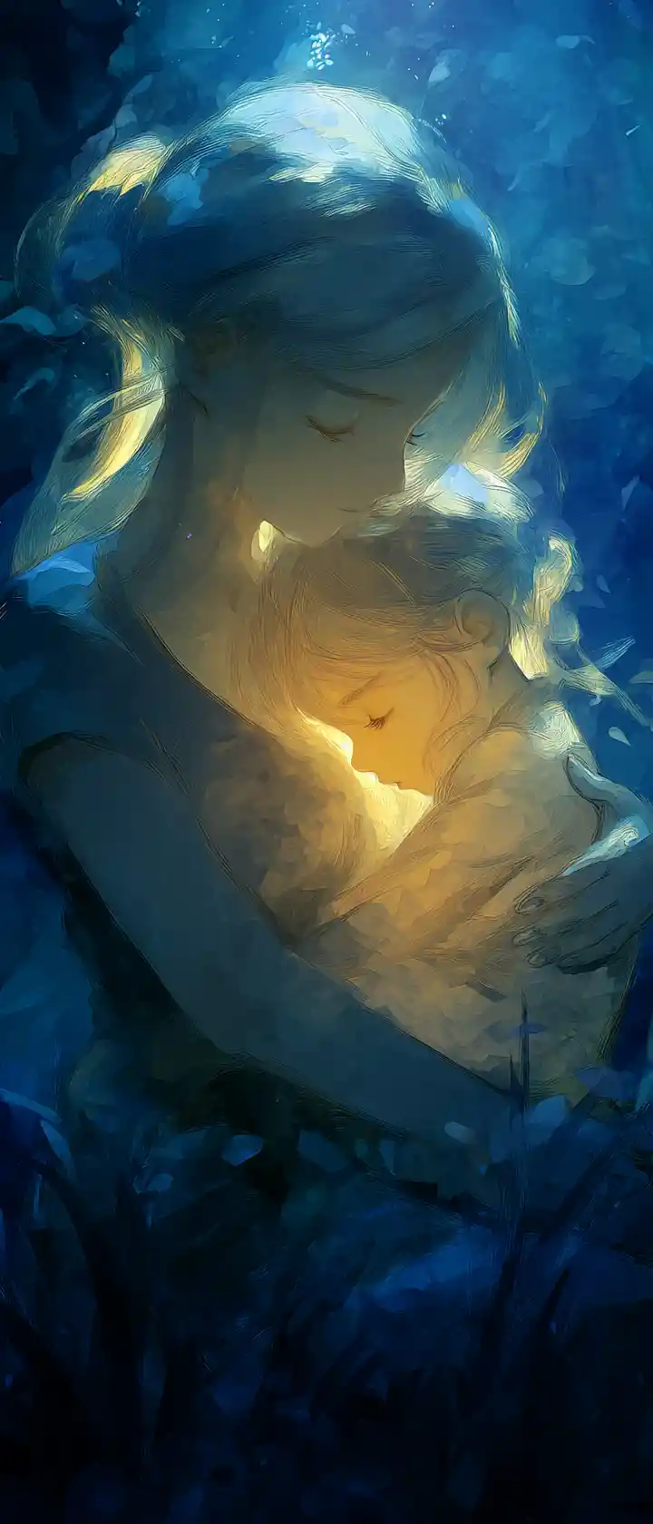 Anime mother hugging her child in glowing thermal embrace