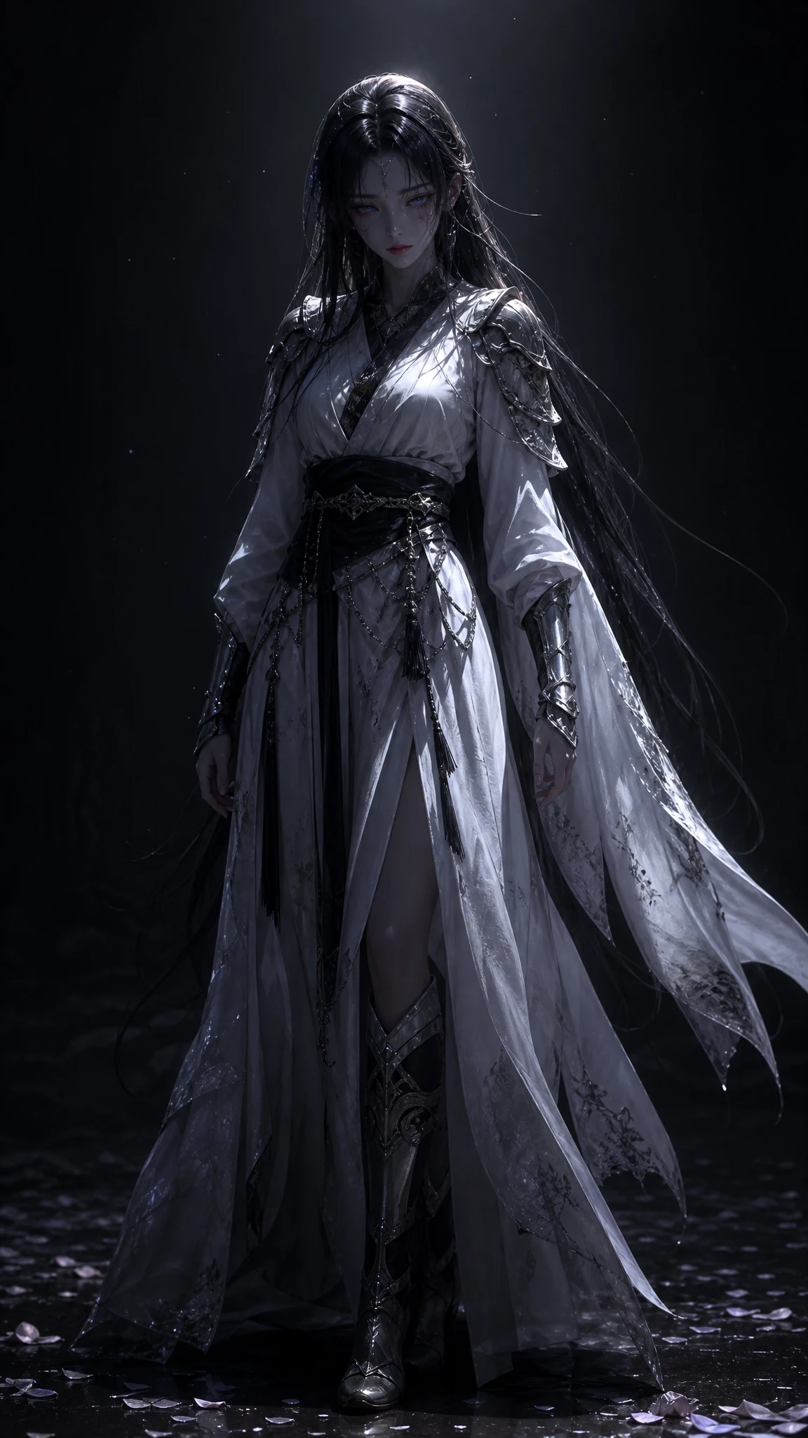 Sad 3d anime girl in glowing armor against darkness