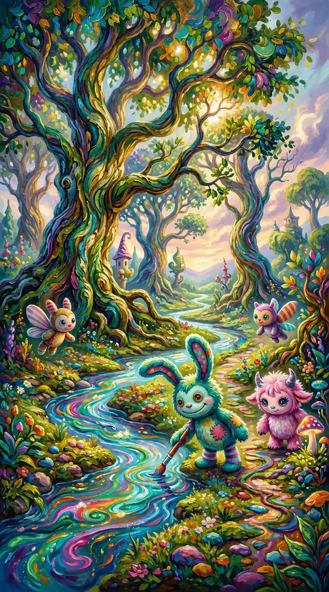 Whimsical toy like creatures in a surreal painted forest