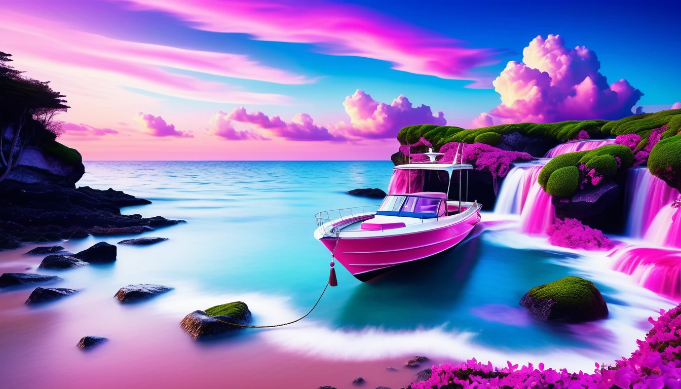 Dreamy pink moonscape sky merging with tranquil ocean waters