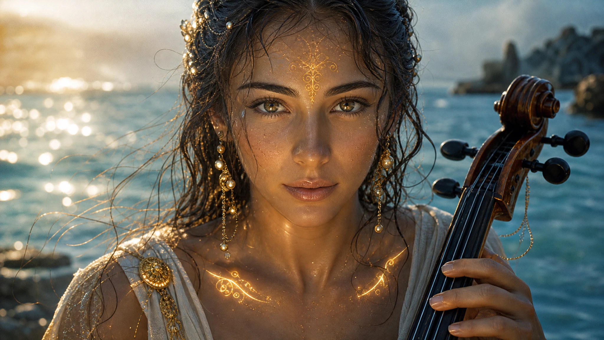 Woman with cello at the sea in serene glowing close up
