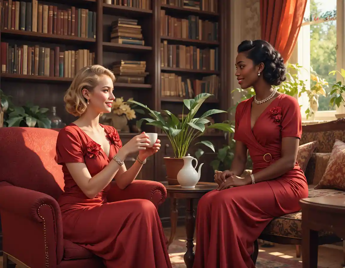 Two elegant women sharing tea in a vintage living room