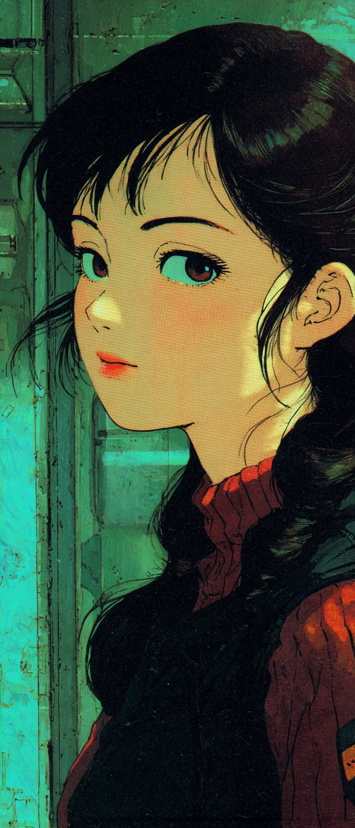 Chica de anime retro en una ciudad futurista de estilo cyberpunk