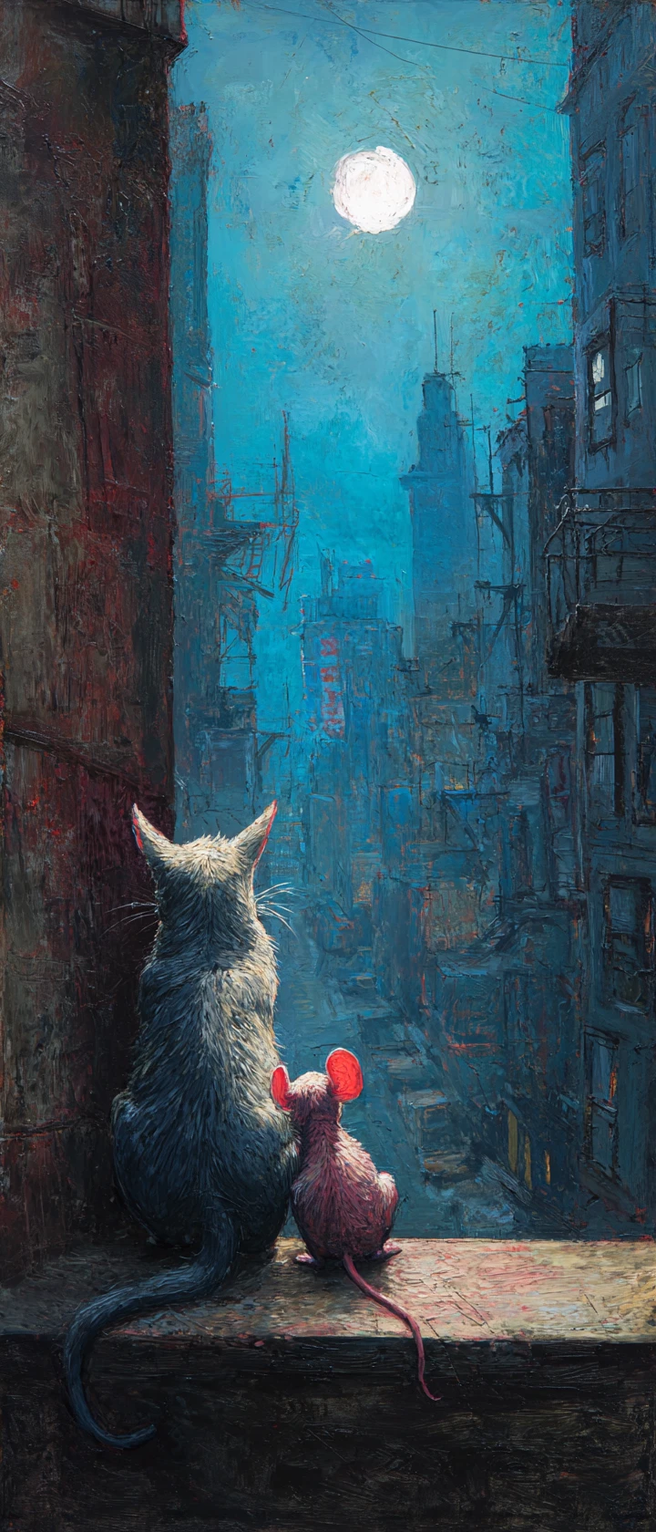 Blue glowing cat and red mouse on a city fence