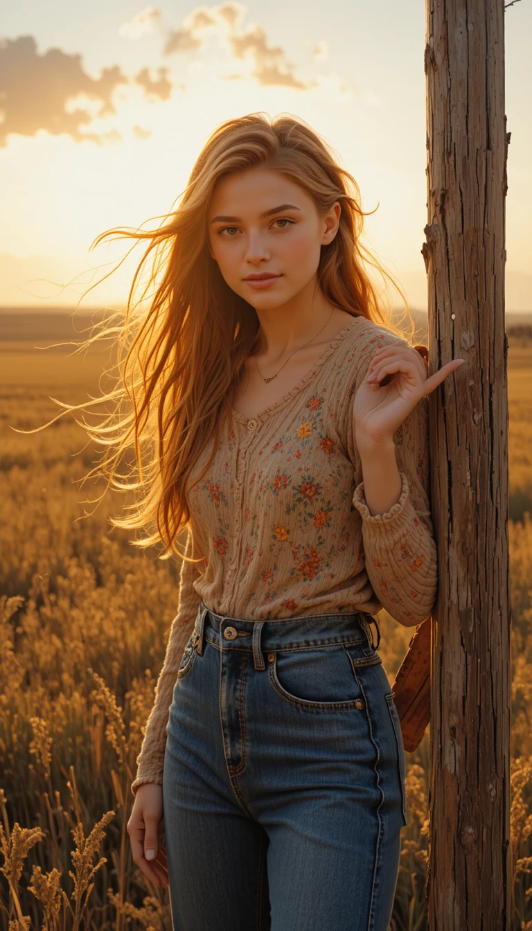 Young woman on a sunlit prairie farm at golden hour