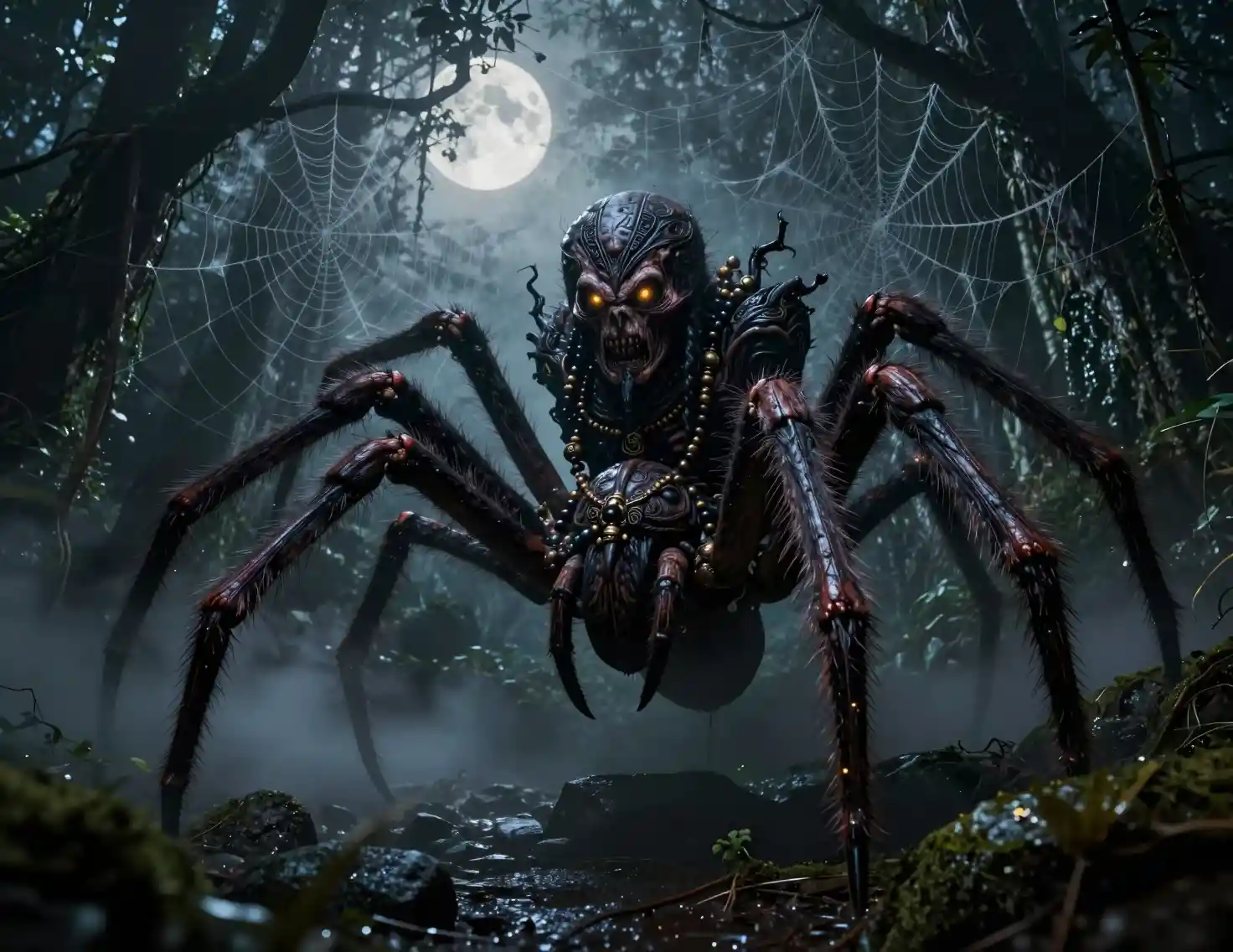 Terrifying Spider Monster Looming In A Moonlit Jungle