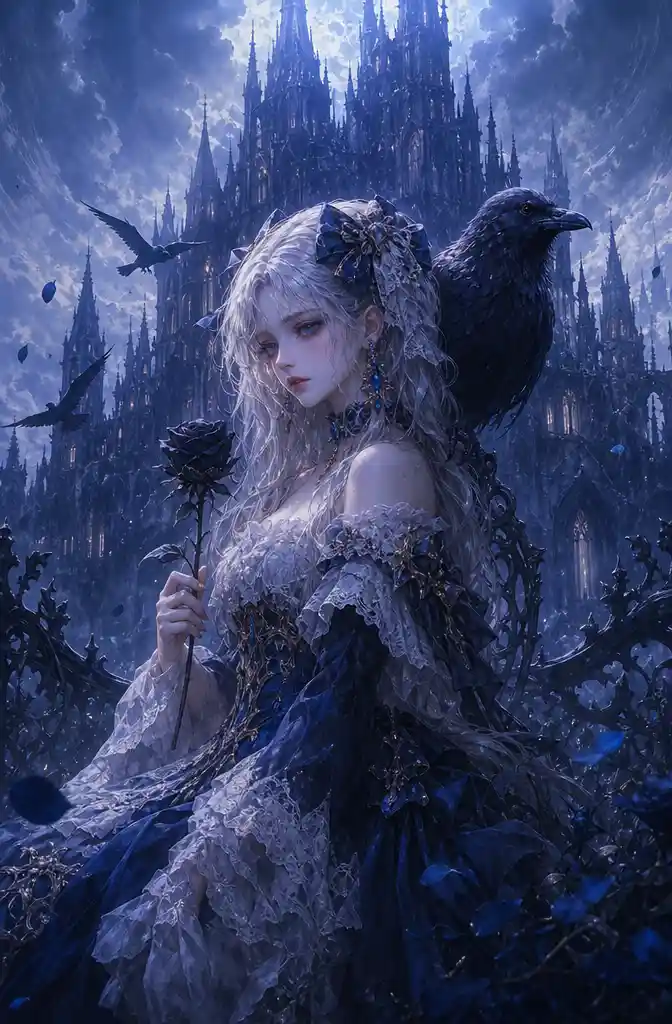 Gothic lady with raven and black rose before castle