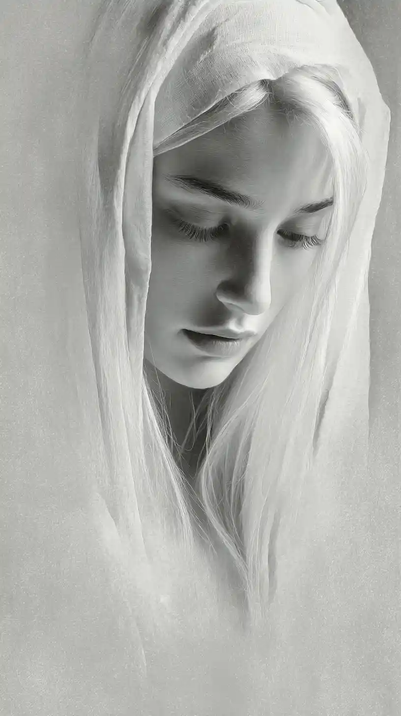 Serene charcoal portrait of a woman with flowing white hair