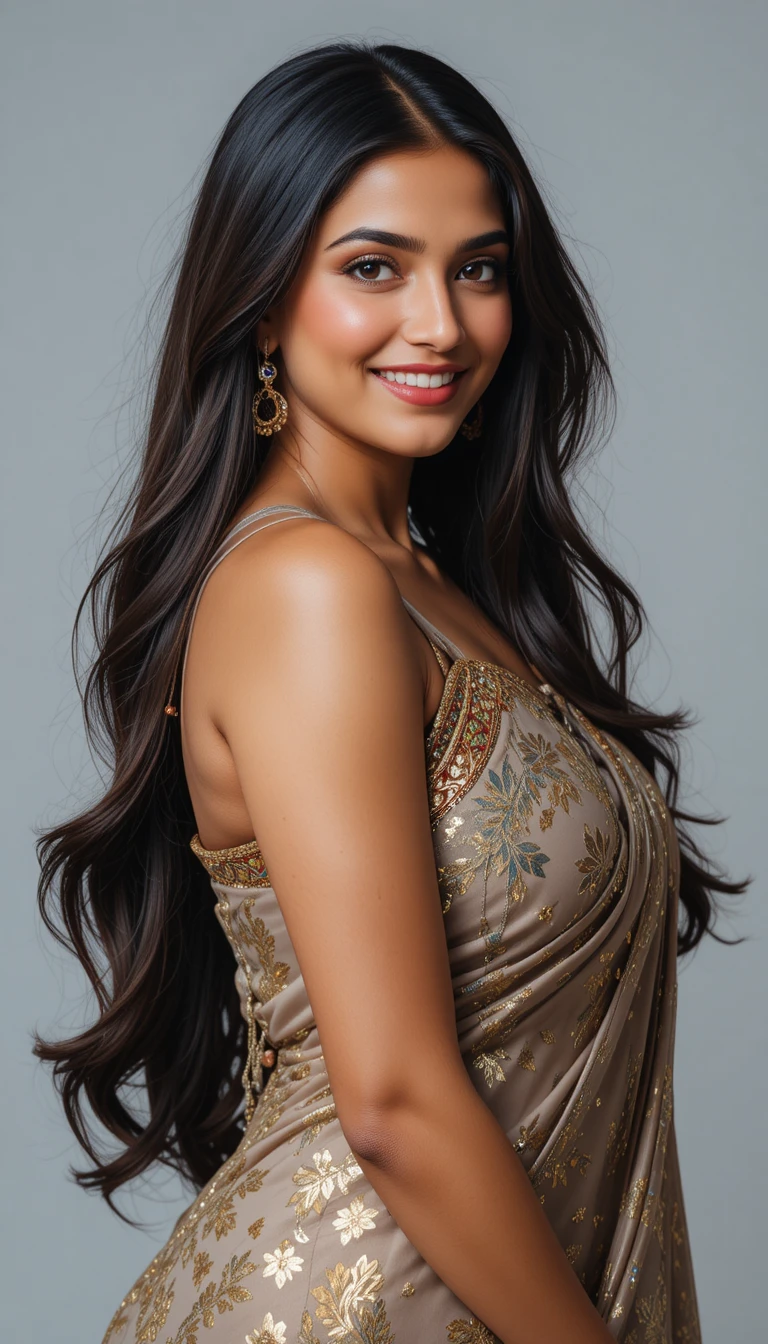 Confident Indian woman in elegant modern traditional outfit