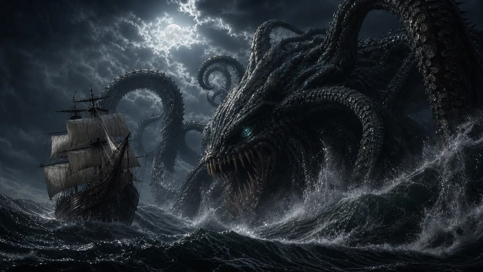Mostro marino colossale che sovrasta una nave in una notte tempestosa