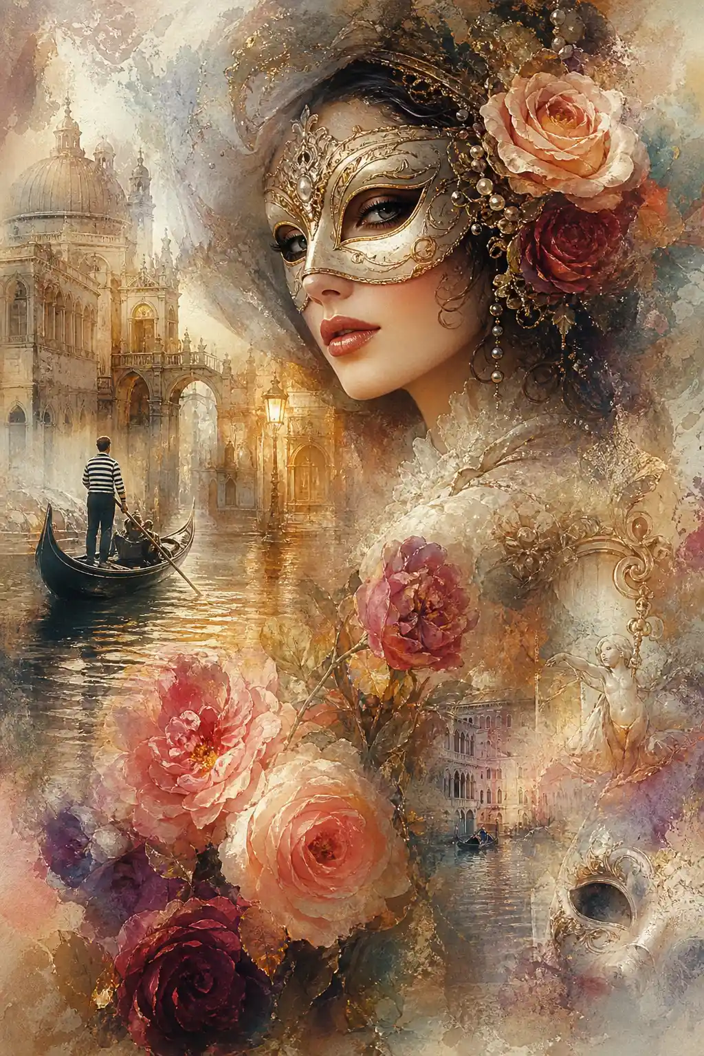 Elegant woman in venetian carnival mask with mystical roses