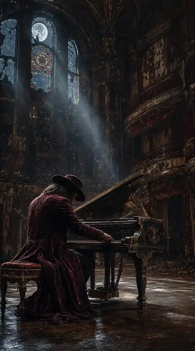 Lone pianist in moonlit abandoned opera house stage