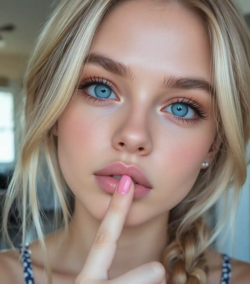 Close up portrait of blonde girl touching her pink lips