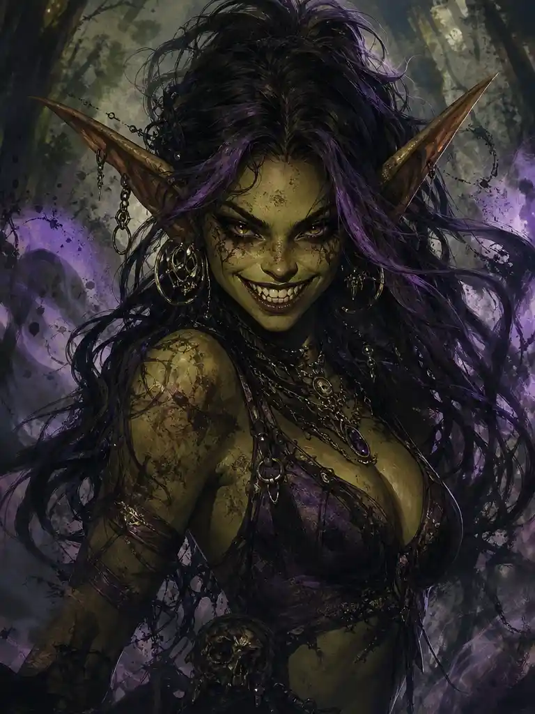 Gothic goblin woman standing in a mystical forest