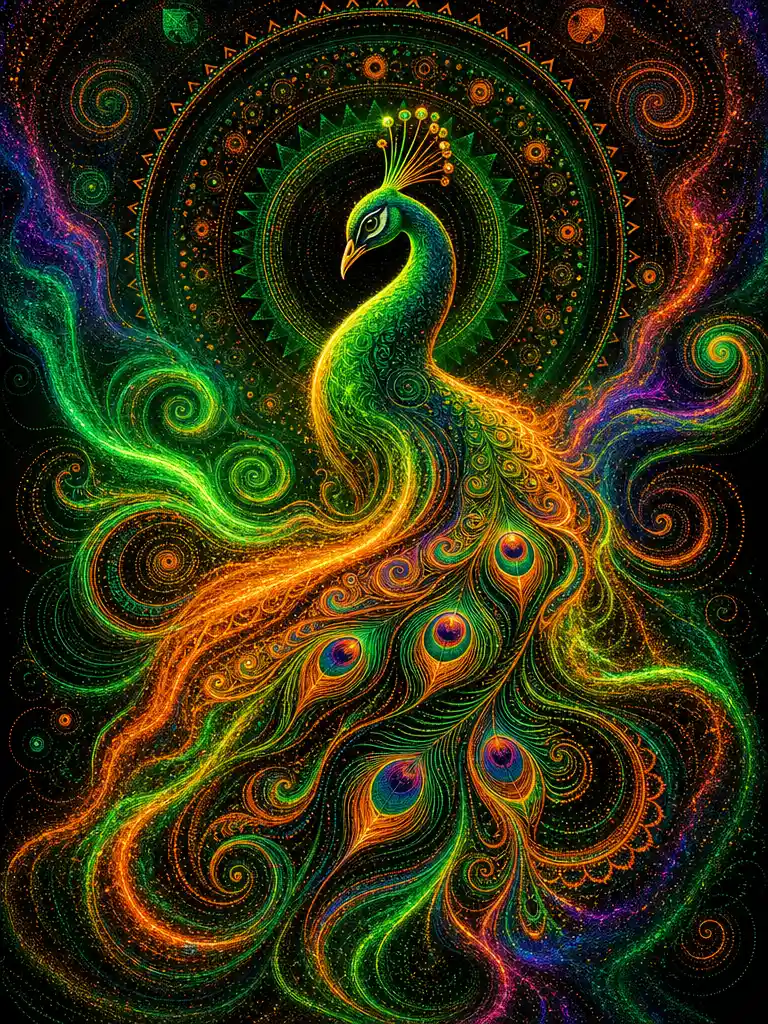 Abstract neon peacock silhouette in flowing liquid sand art