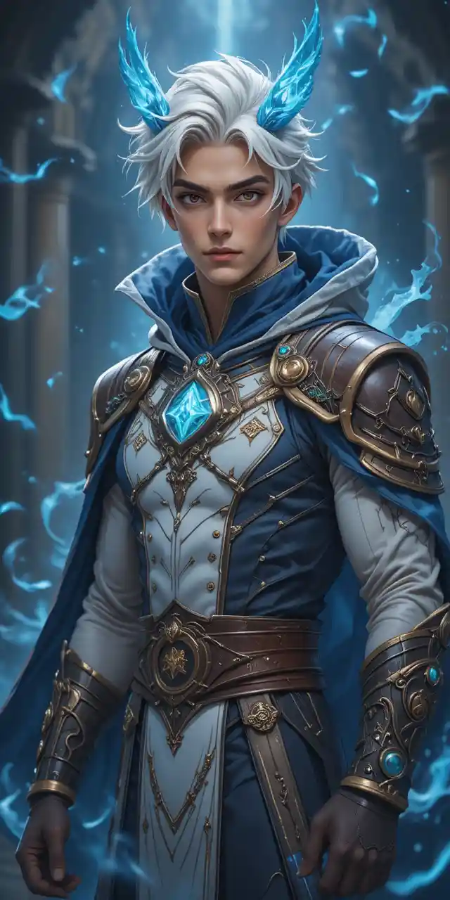 Anime fantasy man with glowing blue antlers and runic cape