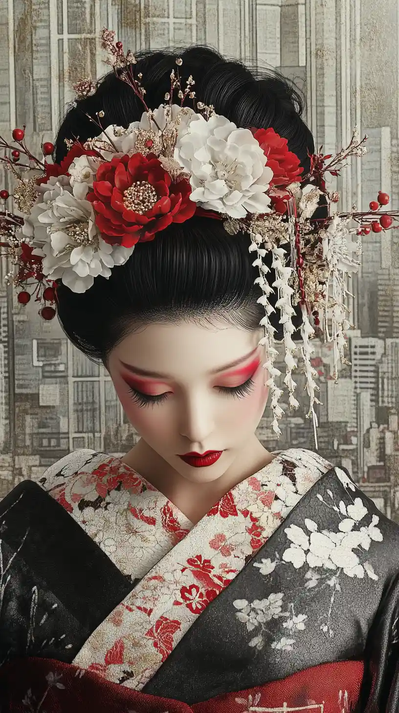 Japanese woman in kimono with floral hair ornaments