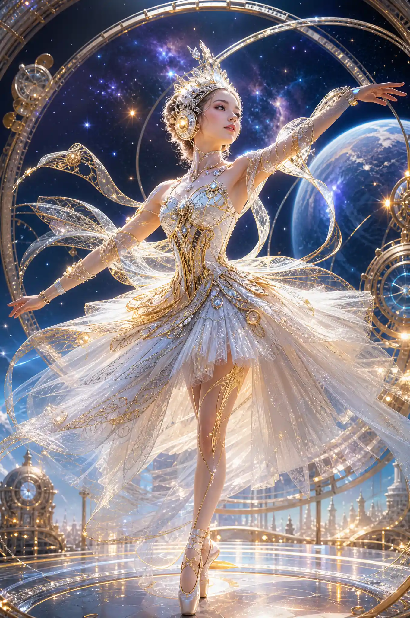 Futuristic cyberpunk ballerina in white and gold costume