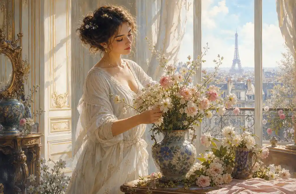 Young woman arranging flowers in a sunlit paris apartment