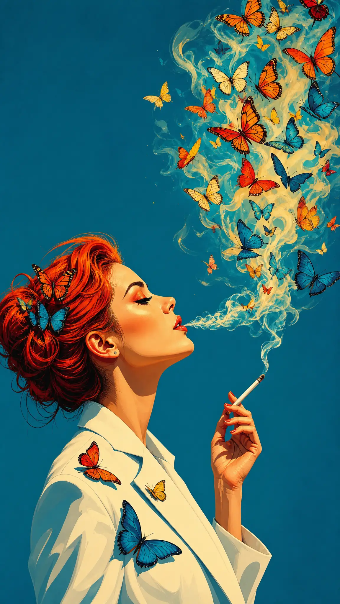 Woman exhaling smoke that transforms into colorful butterflies