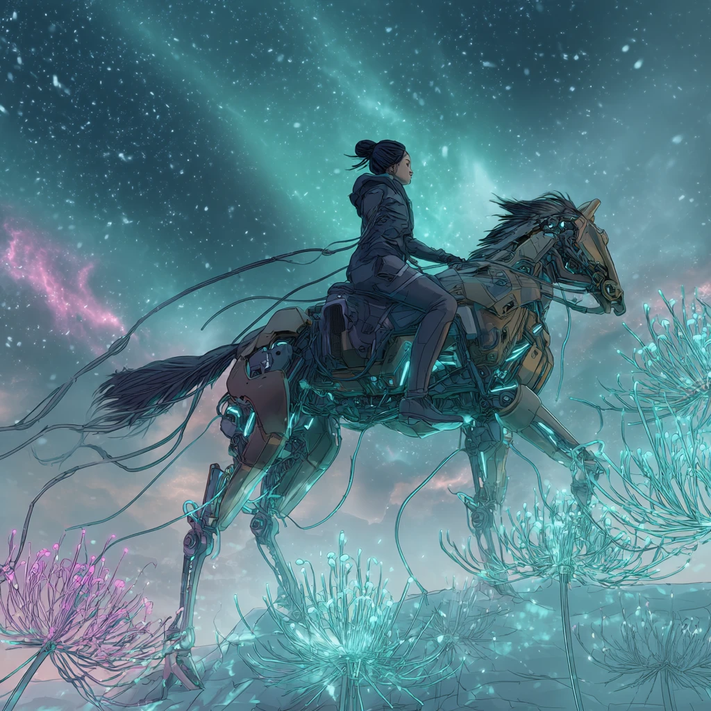 Cyberpunk warrior woman riding robotic horse toward alien bloom