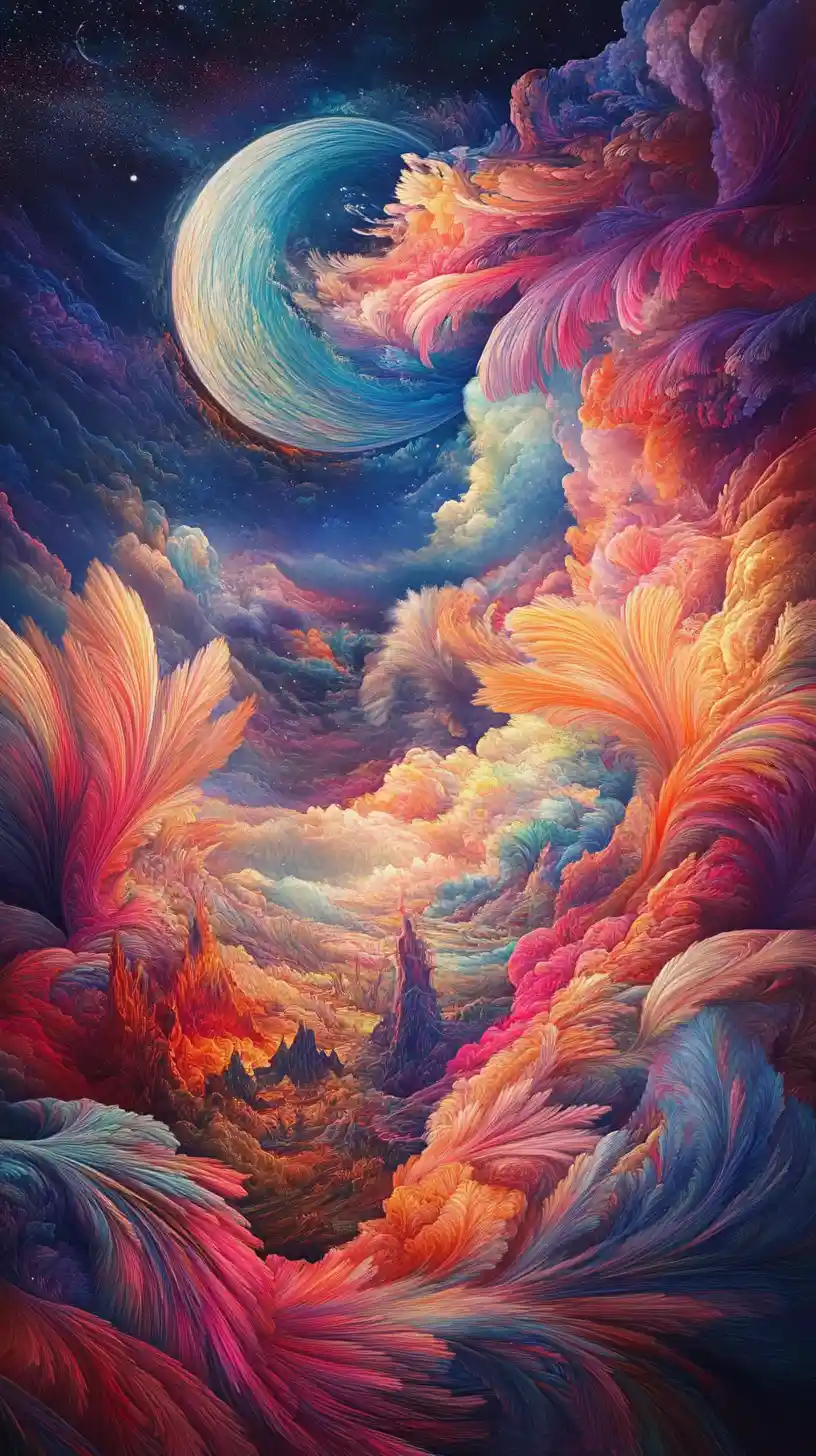 Surreal storm of glowing feathers swirling across the sky