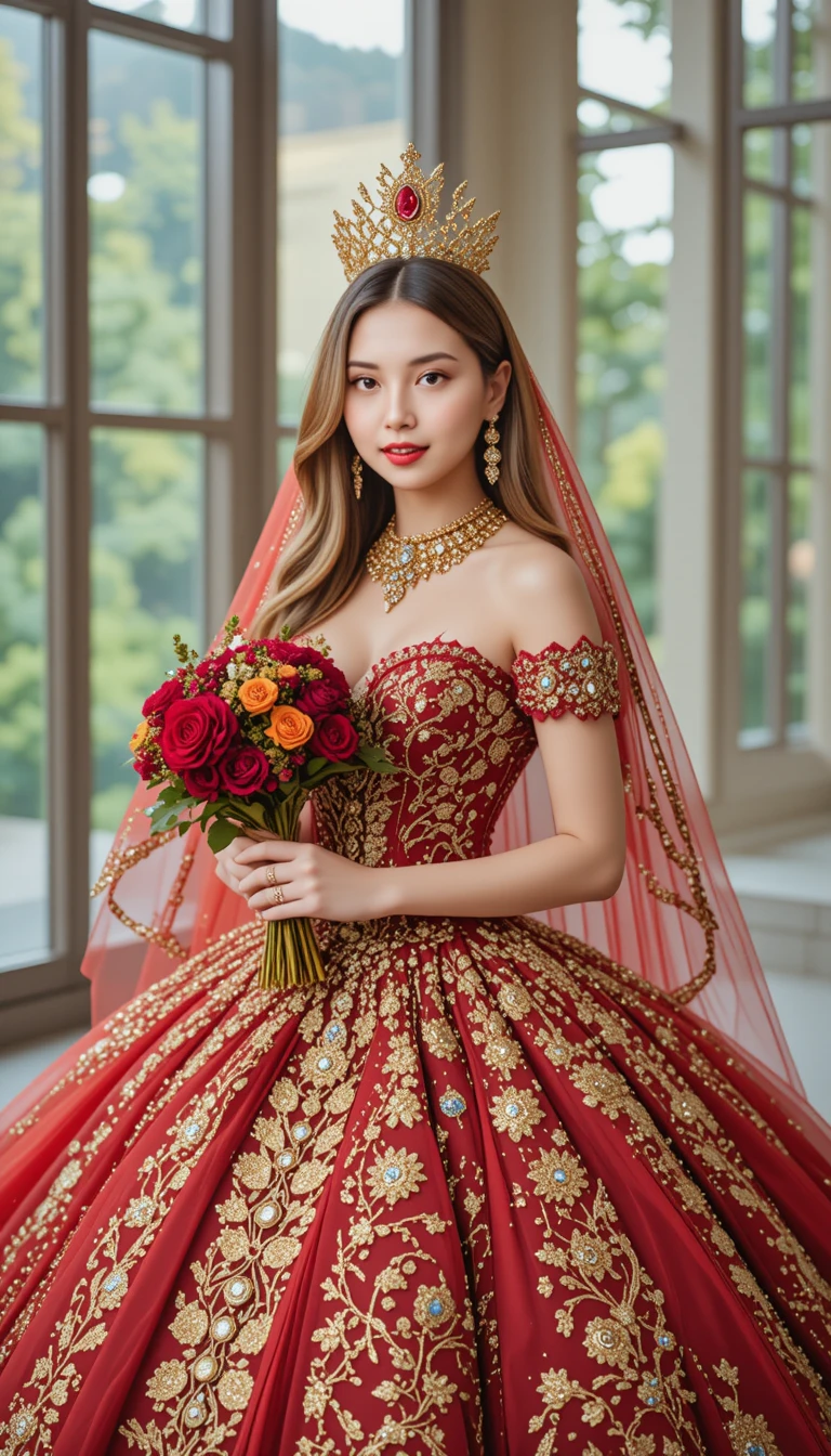 Joyful k pop icon in red jeweled ball gown