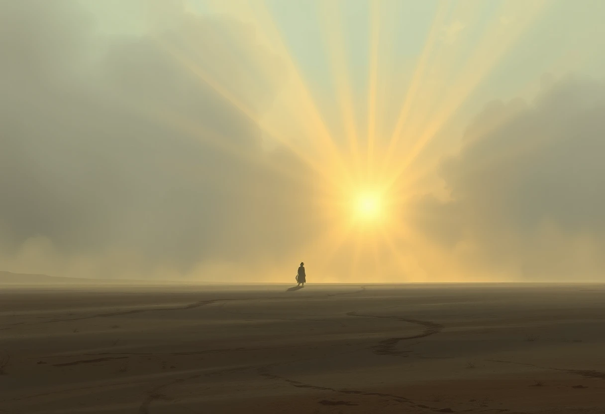Lone figure at the edge of a vast barren wasteland