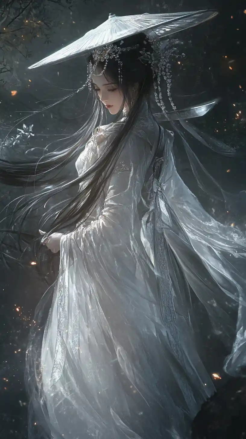 Elegant Chinese warrior woman in a mystical forest