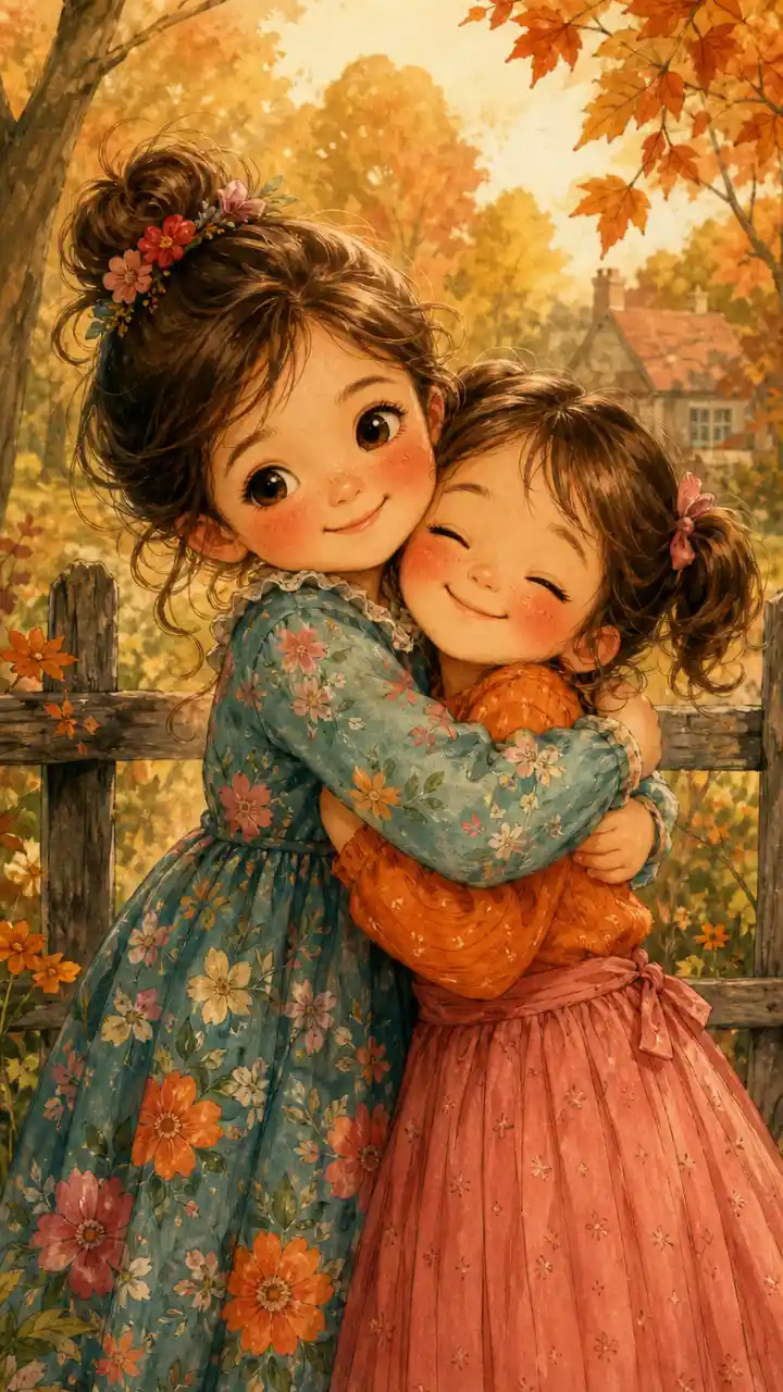 Two young girls sharing a warm autumn hug