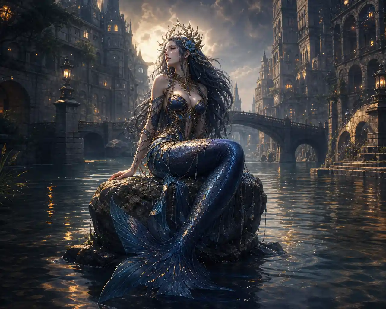 Fantasy mermaid queen in a medieval riverside town